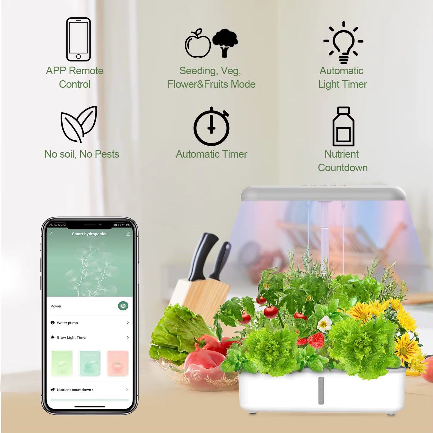 Smart Hydroponics Indoor Garden with LED Grow Light & Auto Pump - Complete Herb Growing Kit for Home